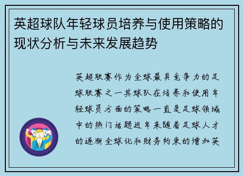 英超球队年轻球员培养与使用策略的现状分析与未来发展趋势