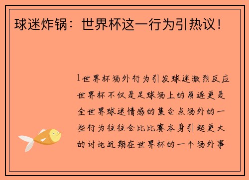 球迷炸锅：世界杯这一行为引热议！